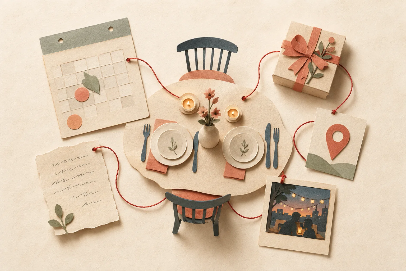 Paper illustration of dinner for two, a calendar, a gift, a note, a place, and a photo joined by a red thread.